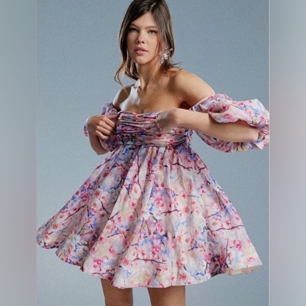 Bardot Kali Tuck Pastel Floral Off-Shoulder Puff Sleeve Dress‎ XS Boho Coquette
